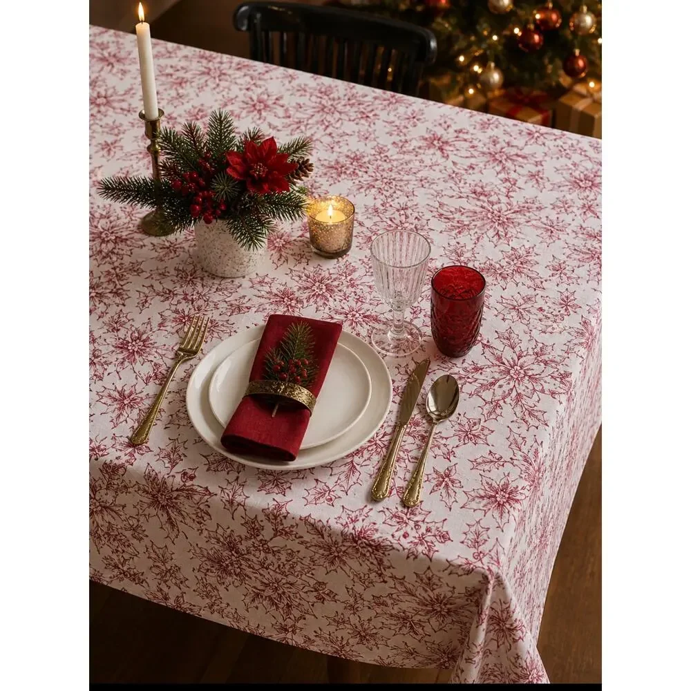 Lauren Ralph Lauren Christmas Tablecloth NEW Poinsettia Cotton 60x104 Preppy - Picture 2 of 6